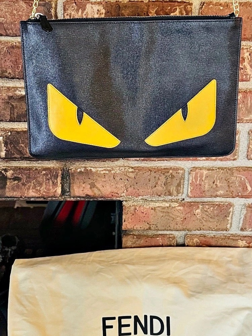 Fendi Bag Bugs Monster Eyes Flat Pouch Clutch Black & Yellow